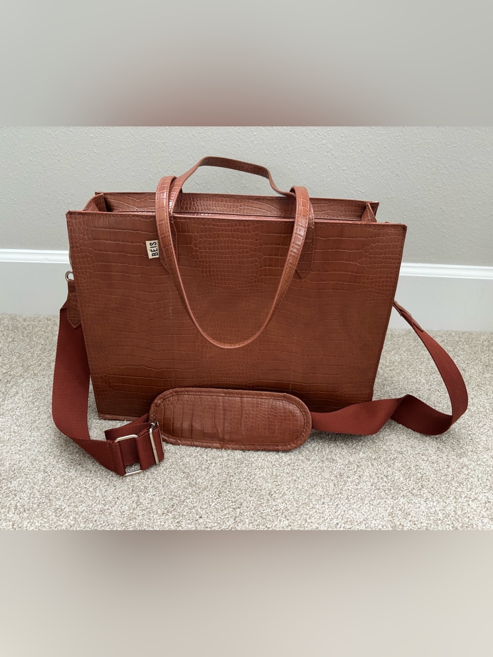 Beis Textured Brown Tote Bag with Removable Strap